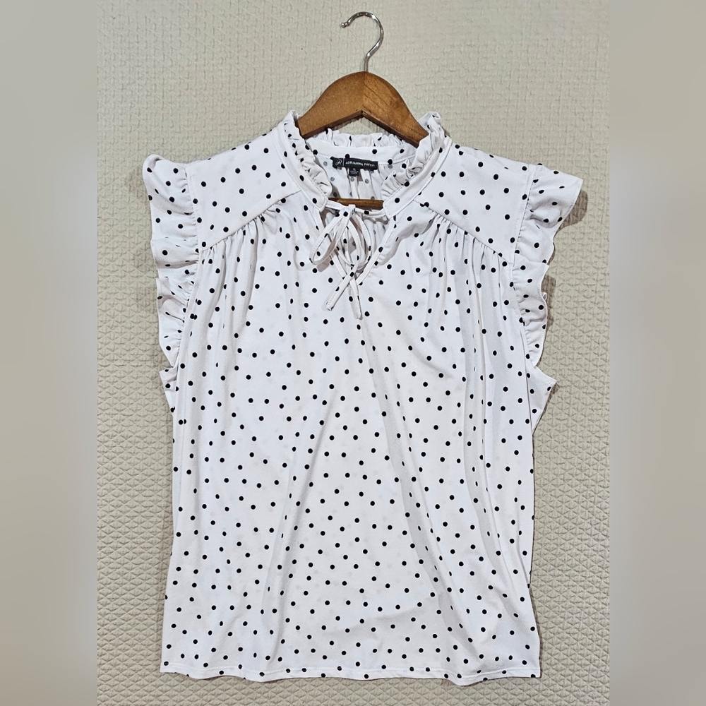 Adrianna Papell Black Polka Dot‎ Ruffle Flutter Sleeves Blouse Size XL